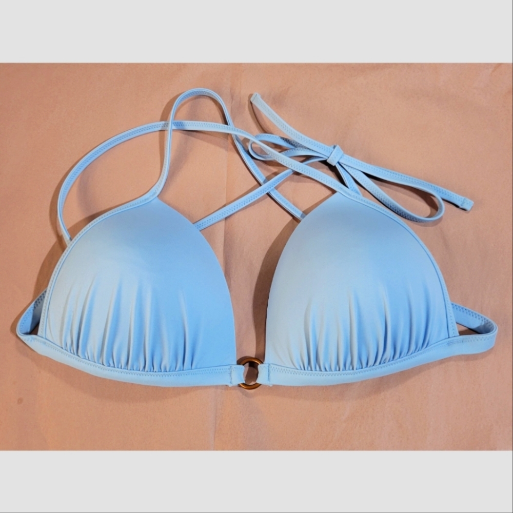 aerie Light Blue Triangle Bikini Top with Ring Detail